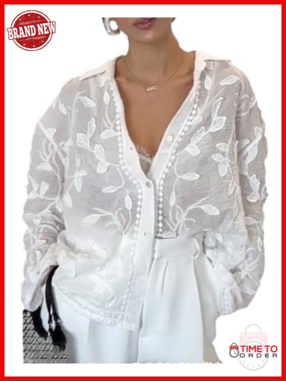 Women's Casual Embroidery V Neck Button Down Shirt Blouse